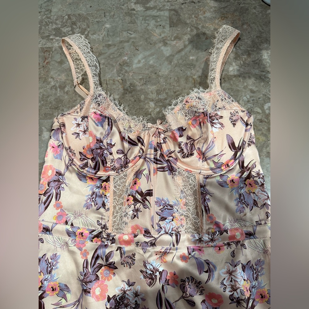 Victoria's Secret Pink/Beige Floral Silky Slip Dress w/ Corset - Picture 4 of 9